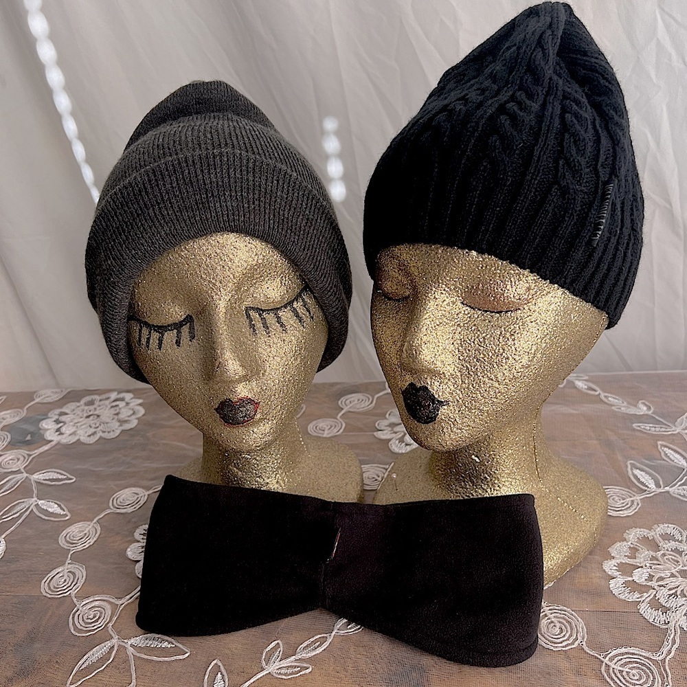 Two winter caps and an ear warmer. one-size-fits-all! 